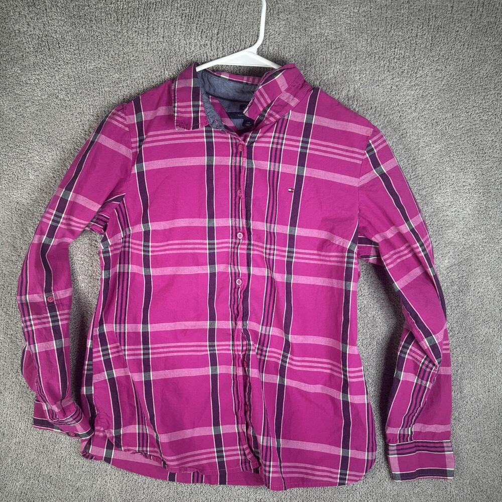Tommy Hilfiger Shirt Womens Large Pink Plaid Classic Fit Button Up Long Sleeve